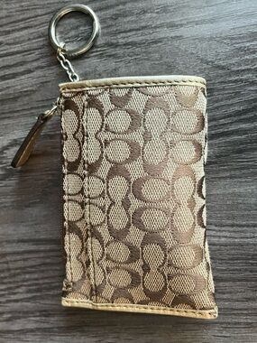 Coach Signature C Jacquard Mini Coin Pouch Keychain Wallet Brown Beige Y2K